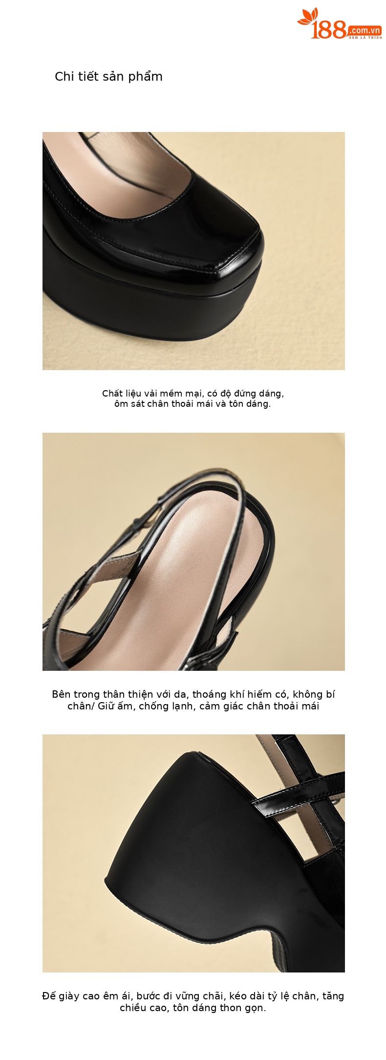 Sandal Mary Jane đế xuồng da thật bít mũi gót cao 9 cm cho nữ — Màu đen, Màu trắng be chi tiết 3