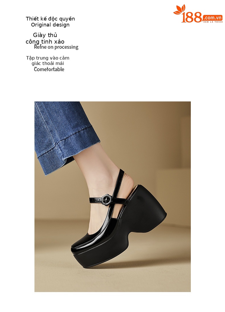 Sandal Mary Jane đế xuồng da thật bít mũi gót cao 9 cm cho nữ — Màu đen, Màu trắng be chi tiết 5