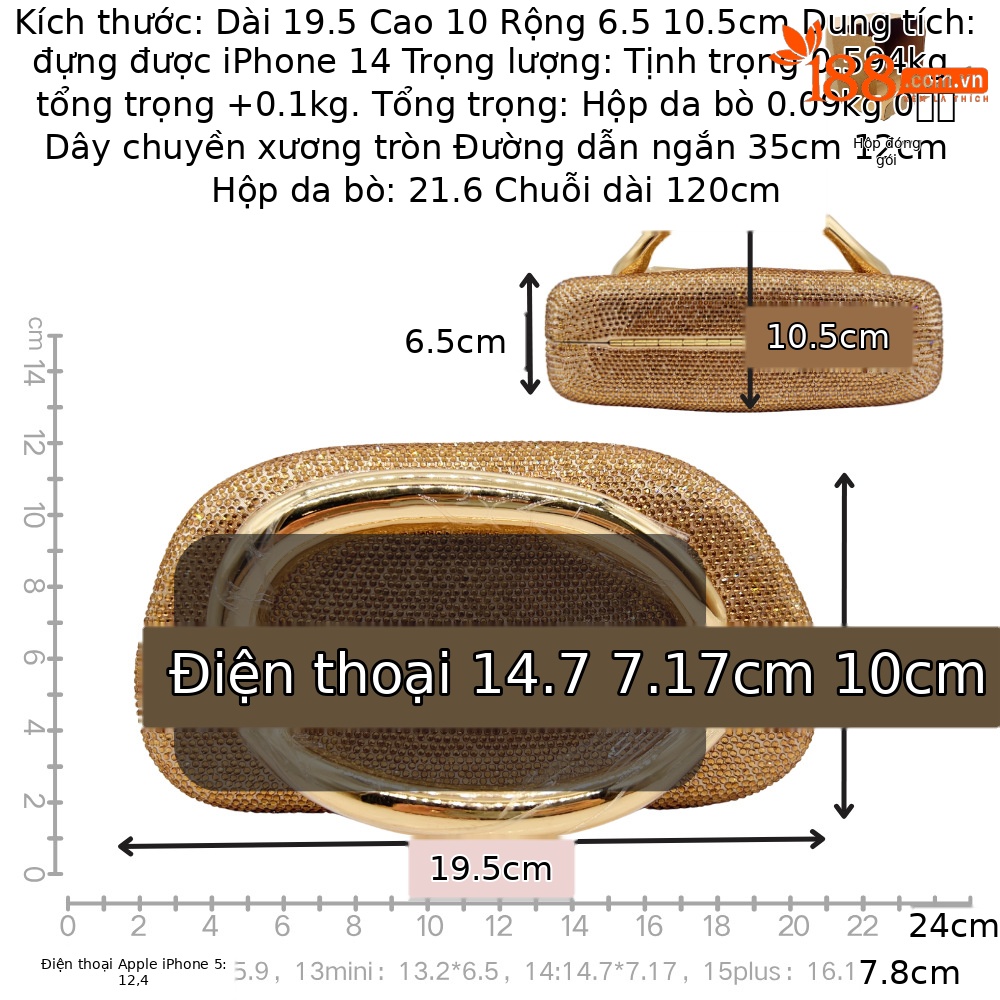 Túi clutch nữ đính đá dạ hội – túi cầm tay đeo chéo dự tiệc cưới — Màu vàng, Màu sâm panh, Màu bạc, Màu xám chi tiết 1
