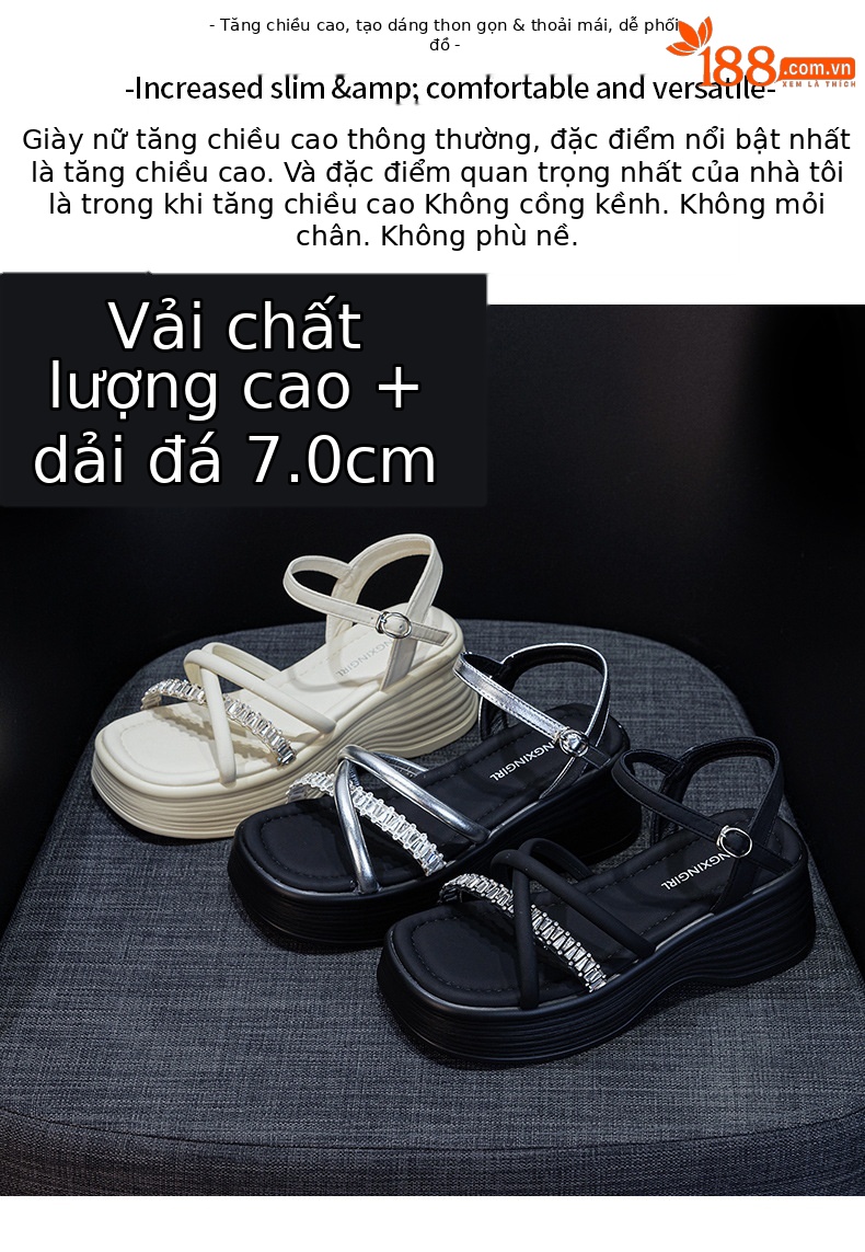 Sandal nữ đế dày đính đá mũi hở quai khóa cài phong cách tiên nữ — M2901 màu đen, M2901 màu be, M2901 màu bạc chi tiết 2