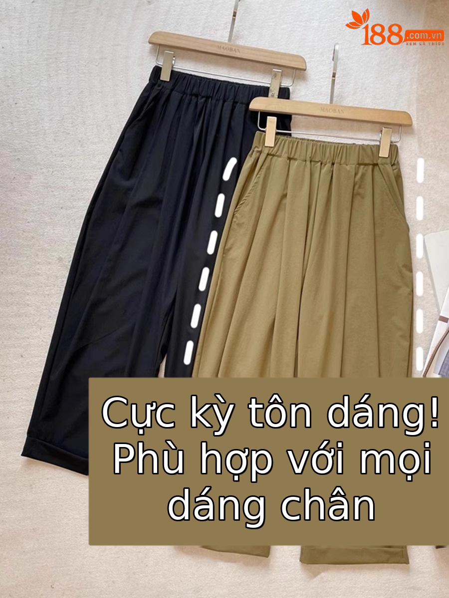 Quần dài ống đứng nữ vải lụa băng mỏng mùa hè, dáng suông thoáng khí, cỡ lớn cho người mập — 9 phân mẫu mỏng màu đen chi tiết 3
