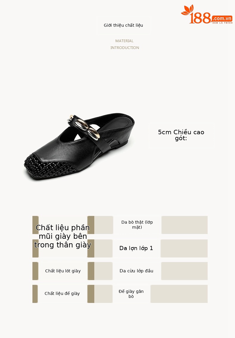Giày mule nữ da bò đế xuồng hở gót, thiết kế khoét lỗ thoáng khí, gót vừa phải — đen chi tiết 3