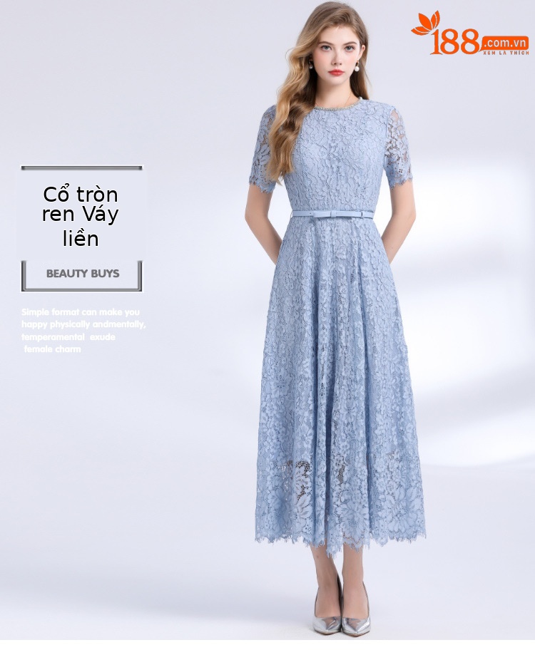 Váy ren đính kim cương cổ tròn tay ngắn cao cấp mùa hè — Màu xanh lam nhạt, Màu đỏ rượu chi tiết 1