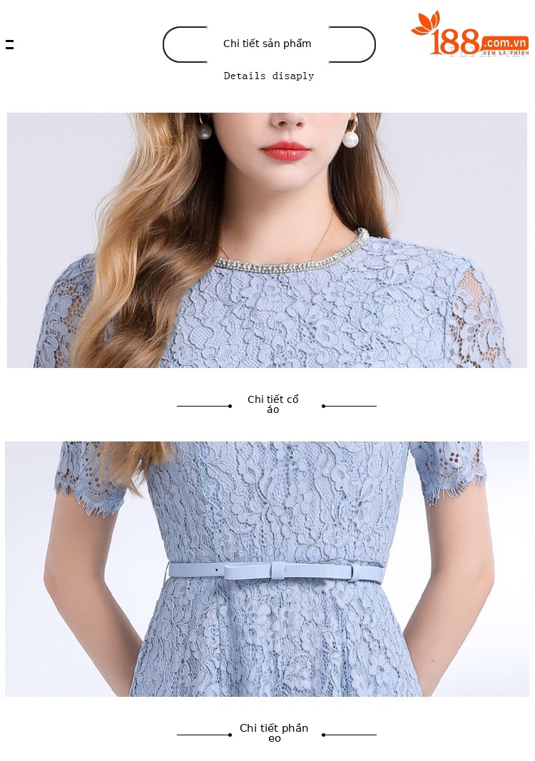 Váy ren đính kim cương cổ tròn tay ngắn cao cấp mùa hè — Màu xanh lam nhạt, Màu đỏ rượu chi tiết 15