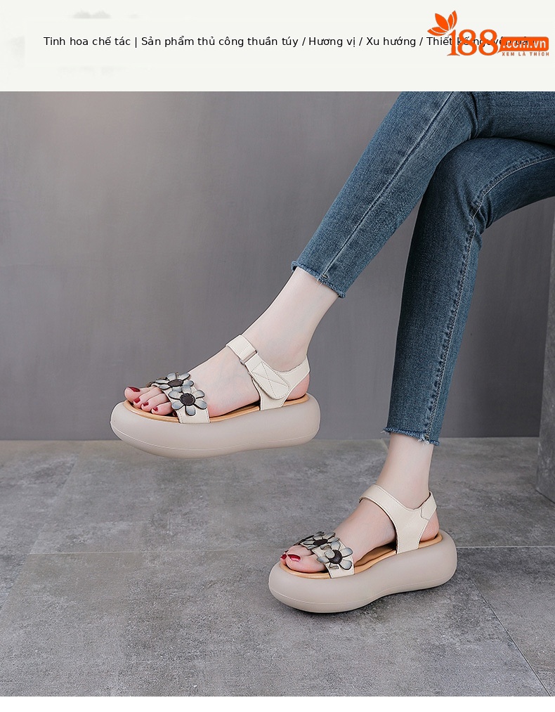 Dép sandal nữ quai chữ V da bò đế dày thoáng khí — Màu trắng be chi tiết 1