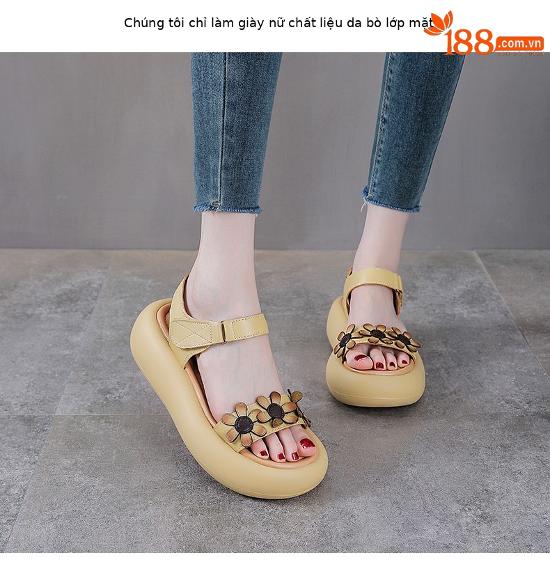 Dép sandal nữ quai chữ V da bò đế dày thoáng khí — Màu trắng be chi tiết 2