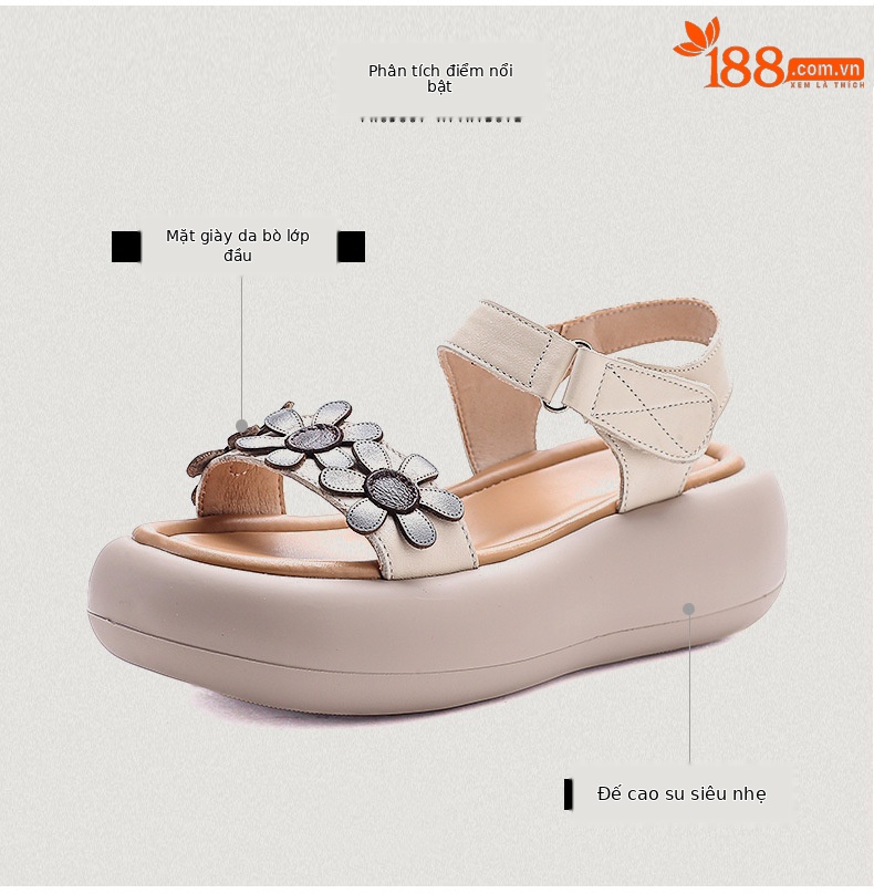 Dép sandal nữ quai chữ V da bò đế dày thoáng khí — Màu trắng be chi tiết 3