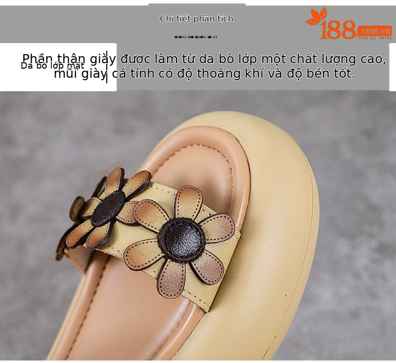 Dép sandal nữ quai chữ V da bò đế dày thoáng khí — Màu trắng be chi tiết 4