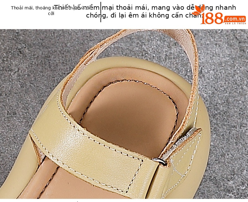 Dép sandal nữ quai chữ V da bò đế dày thoáng khí — Màu trắng be chi tiết 6