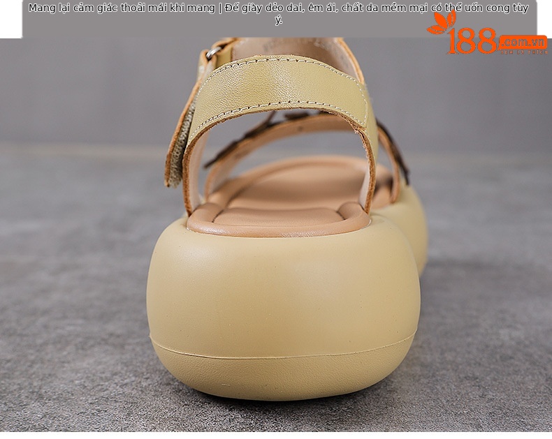 Dép sandal nữ quai chữ V da bò đế dày thoáng khí — Màu trắng be chi tiết 8
