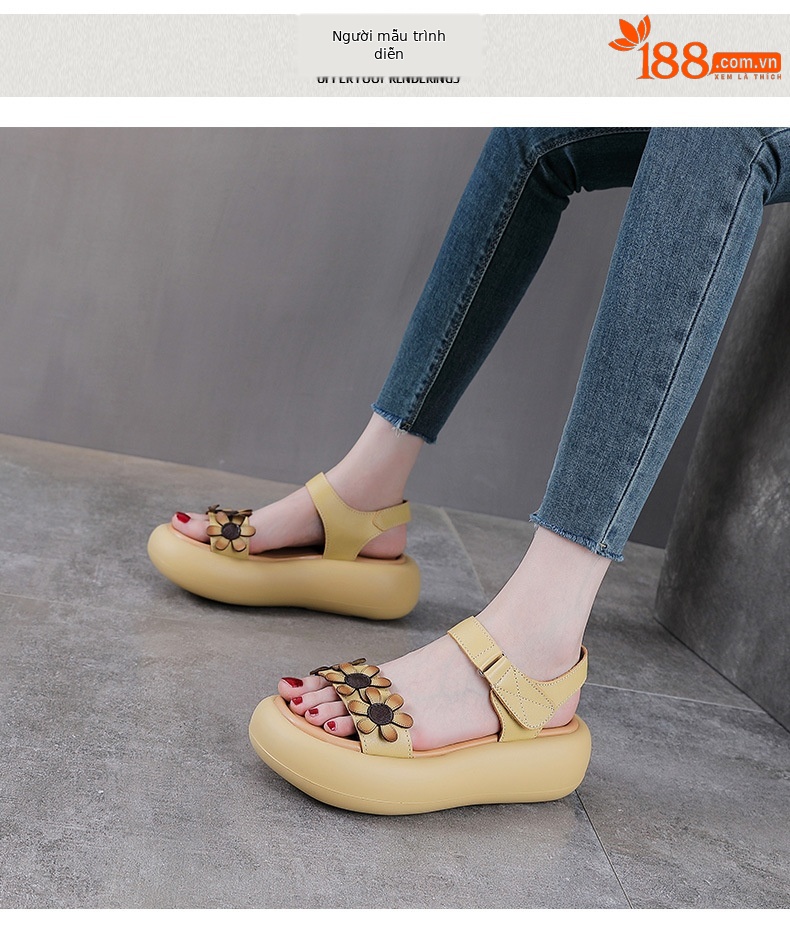 Dép sandal nữ quai chữ V da bò đế dày thoáng khí — Màu trắng be chi tiết 9
