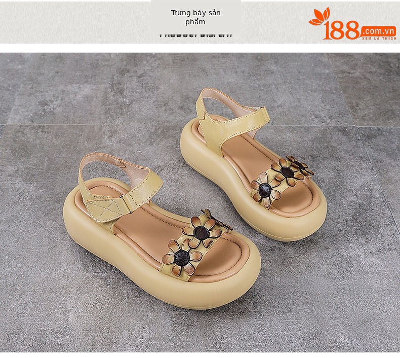 Dép sandal nữ quai chữ V da bò đế dày thoáng khí — Màu trắng be chi tiết 10