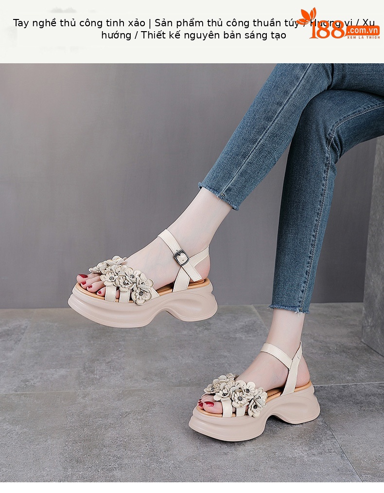 Xăng đan nữ quai chữ V đế dày bohemian da bò mùa hè — Màu be chi tiết 1