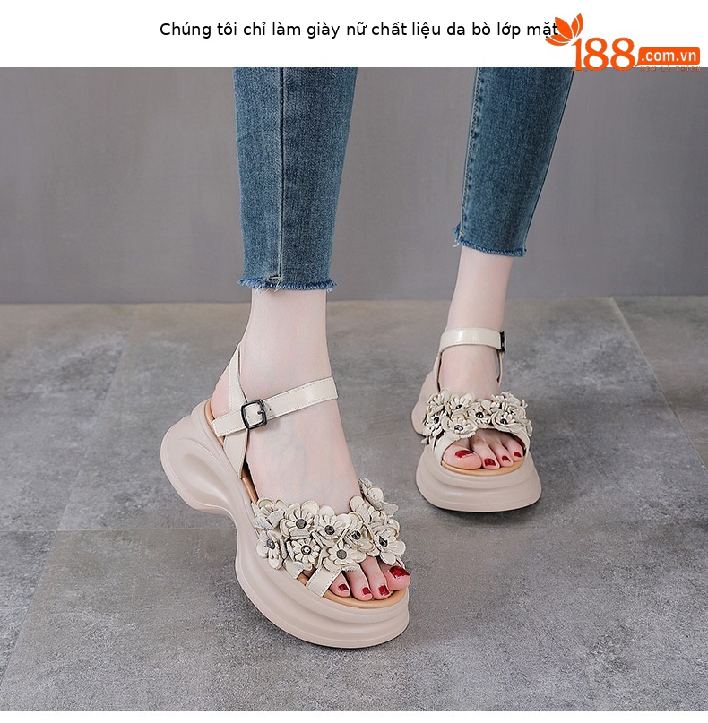 Xăng đan nữ quai chữ V đế dày bohemian da bò mùa hè — Màu be chi tiết 2