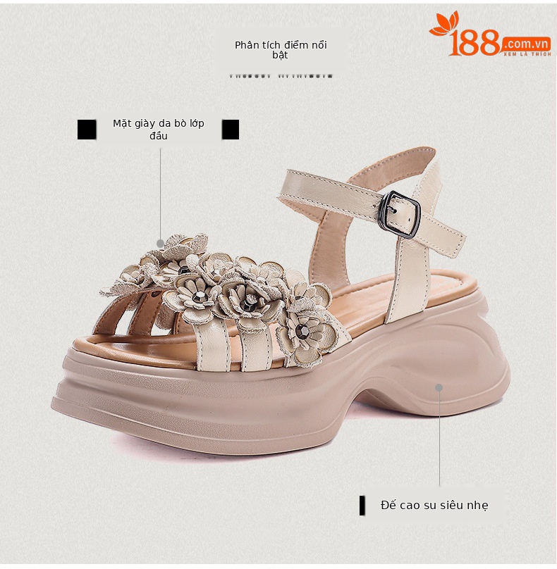 Xăng đan nữ quai chữ V đế dày bohemian da bò mùa hè — Màu be chi tiết 3