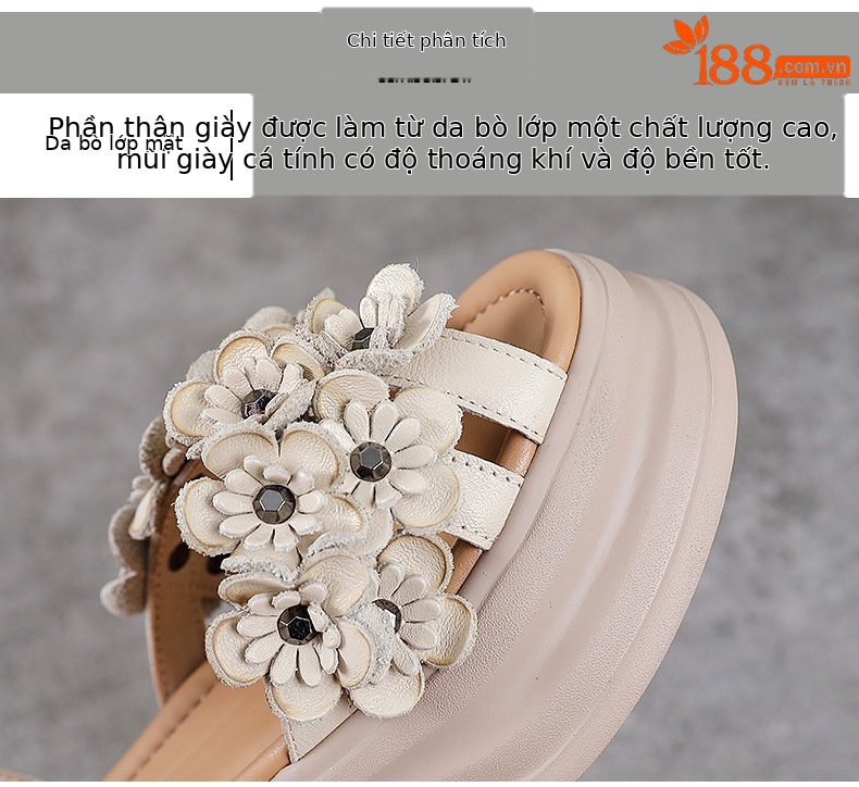 Xăng đan nữ quai chữ V đế dày bohemian da bò mùa hè — Màu be chi tiết 4