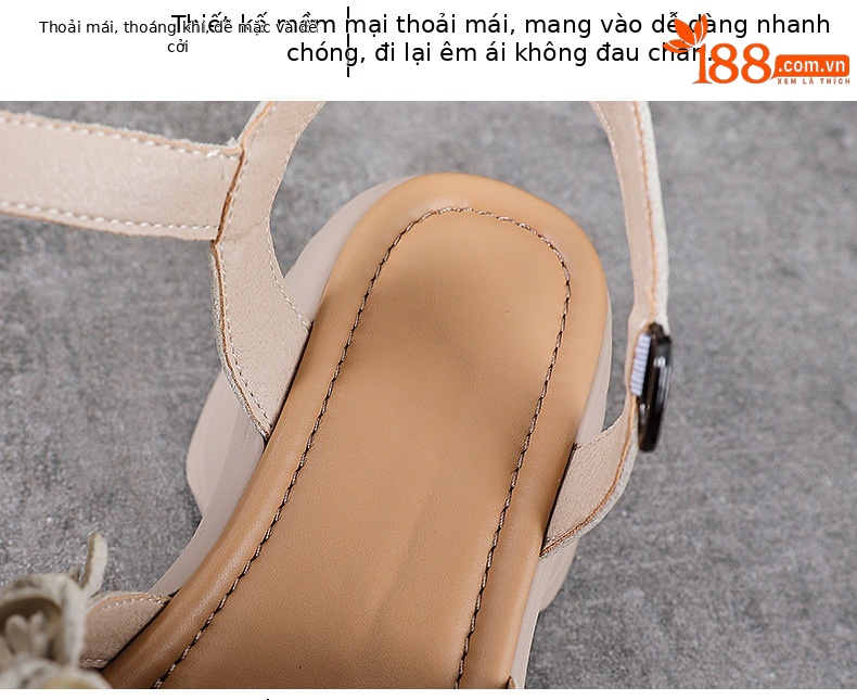 Xăng đan nữ quai chữ V đế dày bohemian da bò mùa hè — Màu be chi tiết 6