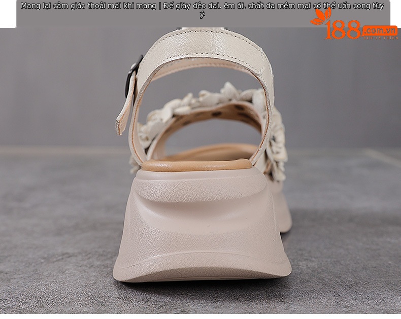 Xăng đan nữ quai chữ V đế dày bohemian da bò mùa hè — Màu be chi tiết 8