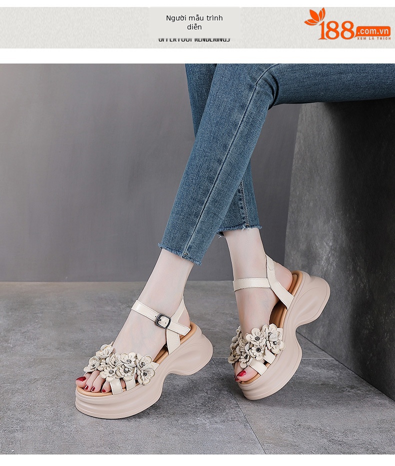 Xăng đan nữ quai chữ V đế dày bohemian da bò mùa hè — Màu be chi tiết 9