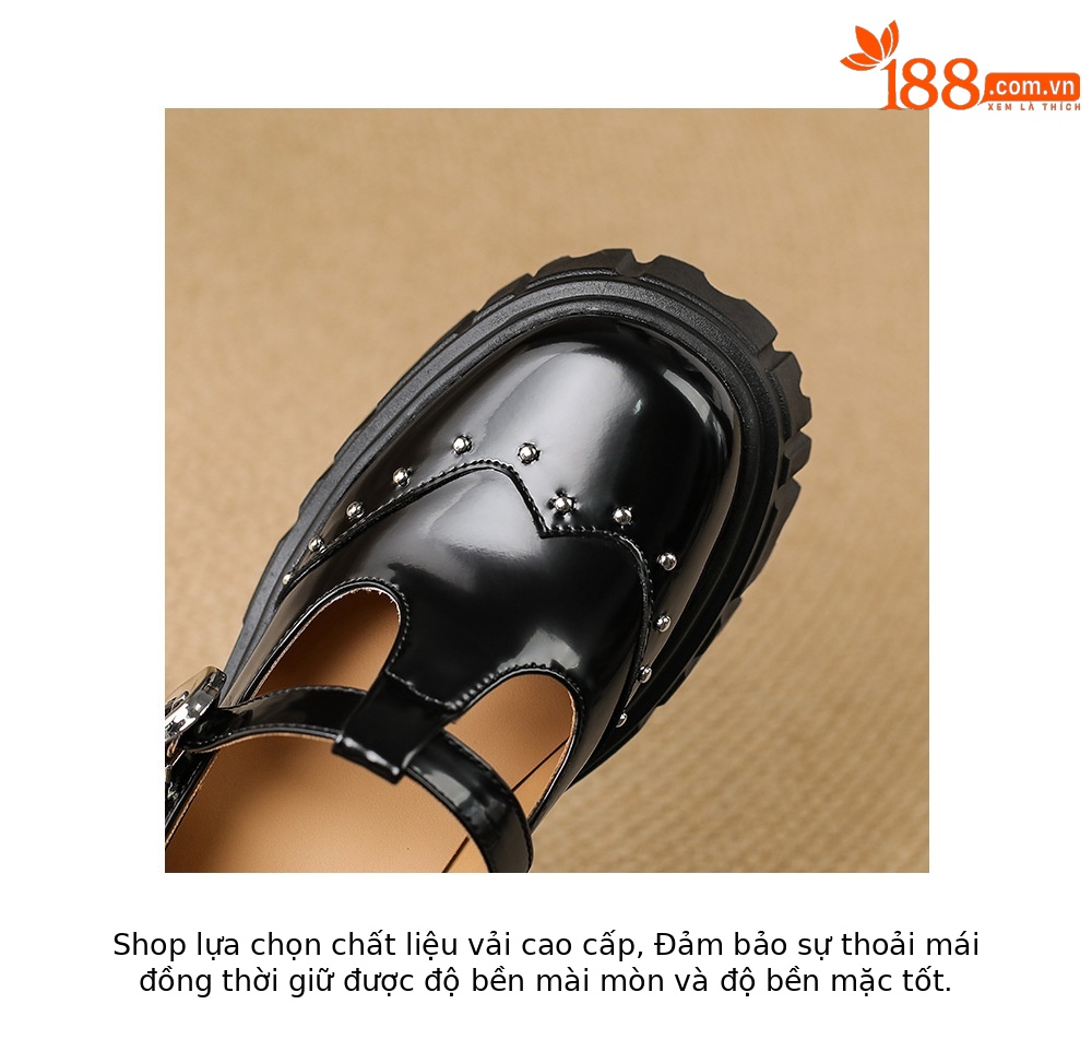 Giày Mary Jane cao gót da thật 9cm, đế bánh xốp, khóa chữ T, gót thô — Màu đen chi tiết 18