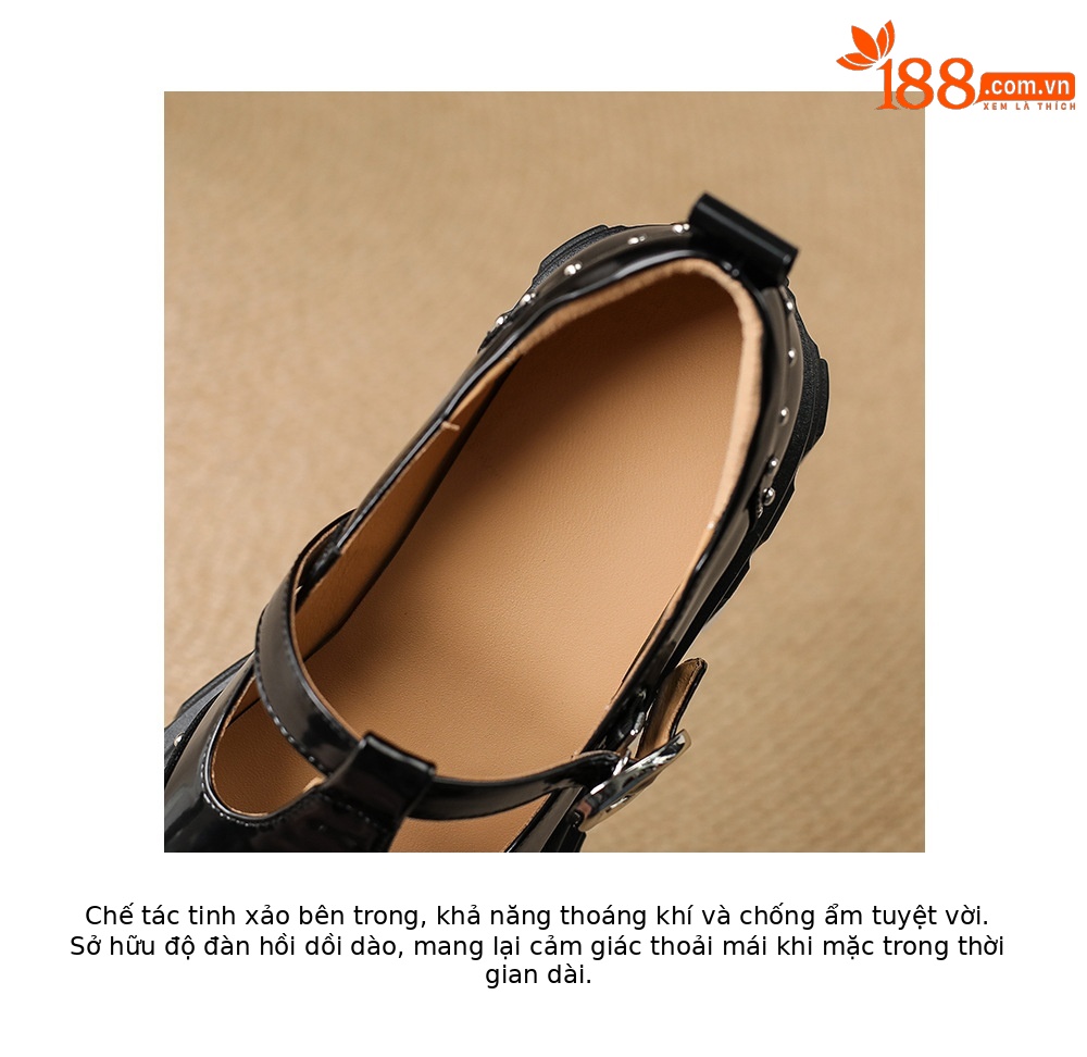 Giày Mary Jane cao gót da thật 9cm, đế bánh xốp, khóa chữ T, gót thô — Màu đen chi tiết 19