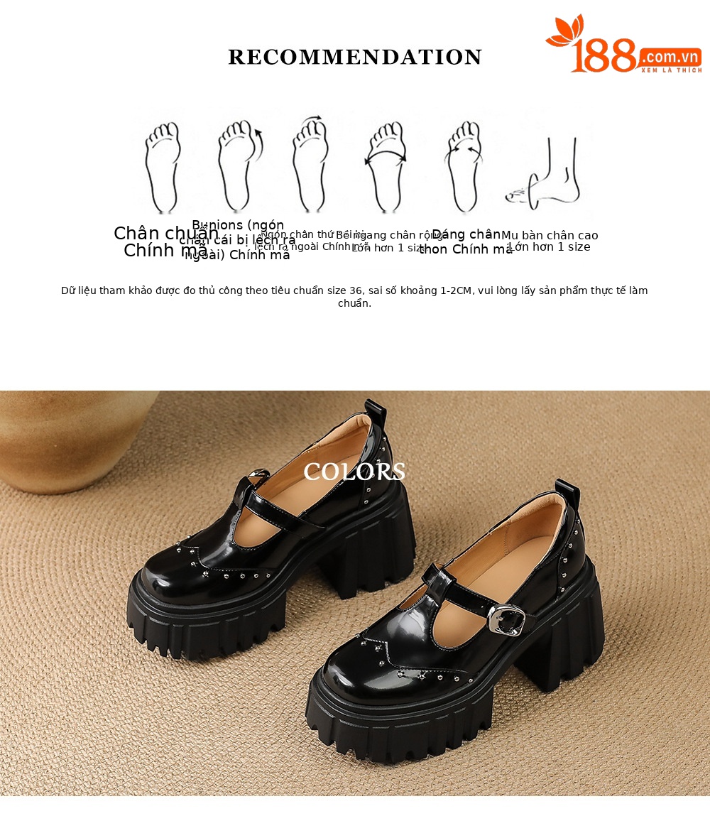 Giày Mary Jane cao gót da thật 9cm, đế bánh xốp, khóa chữ T, gót thô — Màu đen chi tiết 3
