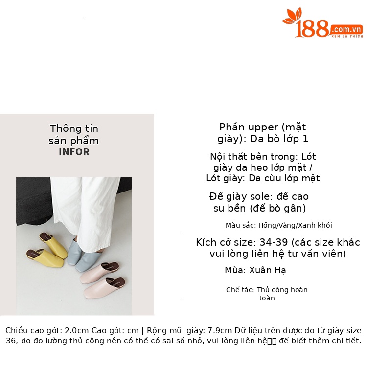 Dép mule nữ mũi vuông đế bệt da bò một lớp thiết kế tiện lợi — sương mù xanh, màu hồng, màu vàng chi tiết 1