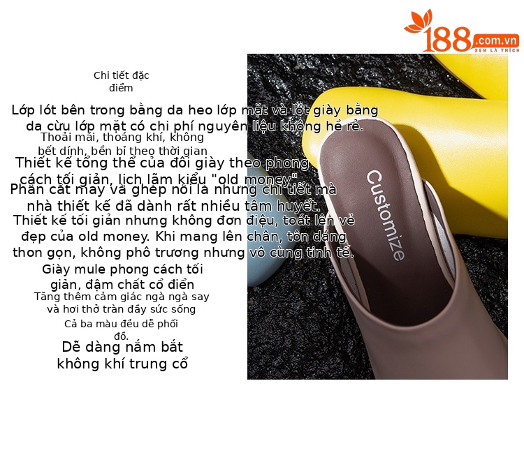 Dép mule nữ mũi vuông đế bệt da bò một lớp thiết kế tiện lợi — sương mù xanh, màu hồng, màu vàng chi tiết 3