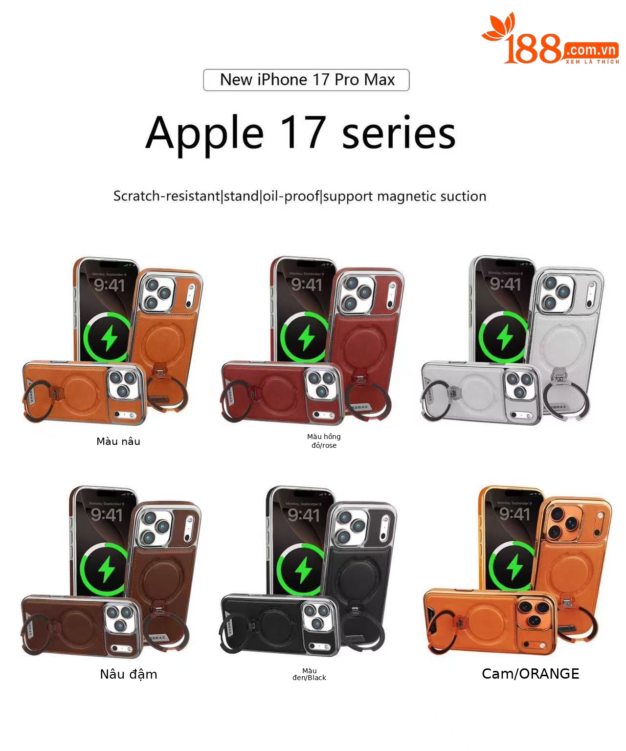 Ốp lưng da cao cấp cho iPhone 16, chống rơi, tích hợp giá đỡ từ tính xoay — Màu đen, Nâu thanh lịch, Nâu mocha, Màu xám chi tiết 9