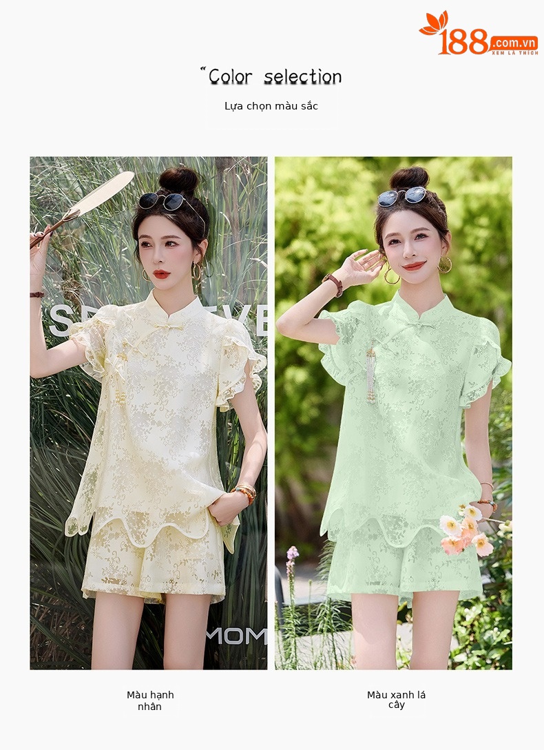 Bộ đồ ren kiểu Trung Quốc mới mùa hè 2025, áo ngắn khóa cài retro hai mảnh — màu xanh lá cây, mơ chi tiết 5