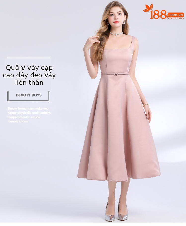 Váy dài hai dây dự tiệc cao cấp nữ kiểu Pháp chít eo xòe rộng — Màu đen, Màu đỏ rượu, Màu hồng chi tiết 1