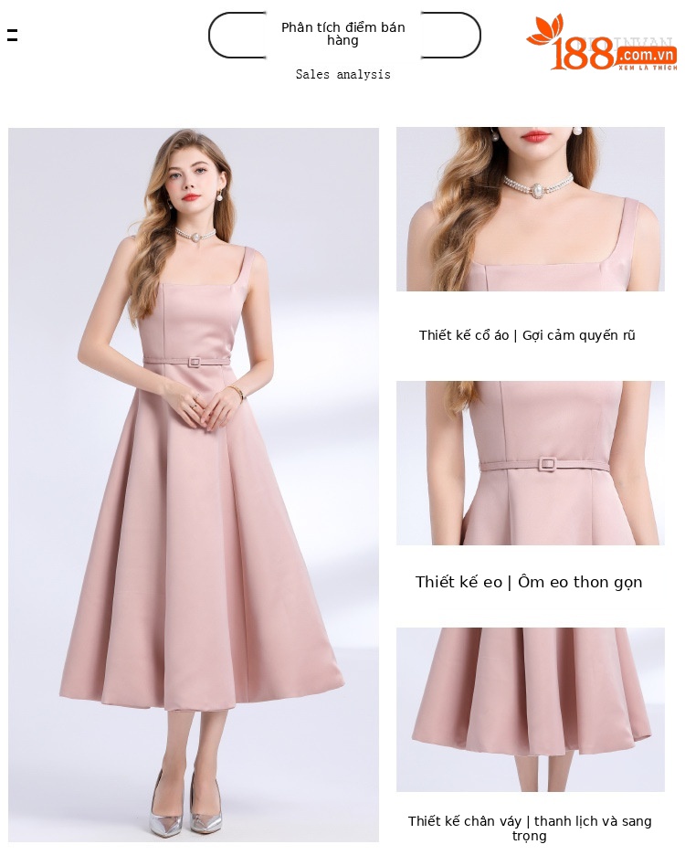 Váy dài hai dây dự tiệc cao cấp nữ kiểu Pháp chít eo xòe rộng — Màu đen, Màu đỏ rượu, Màu hồng chi tiết 2