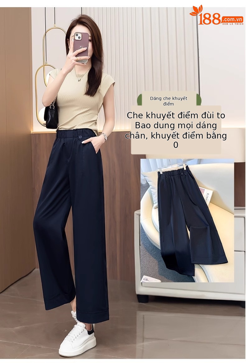 Quần ống rộng nữ cạp cao dáng suông, kiểu hoa bào eo, phong cách thời trang mới — Màu trà sữa chi tiết 7