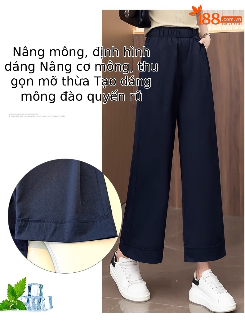 Quần ống rộng nữ cạp cao dáng suông, kiểu hoa bào eo, phong cách thời trang mới — Màu trà sữa chi tiết 9