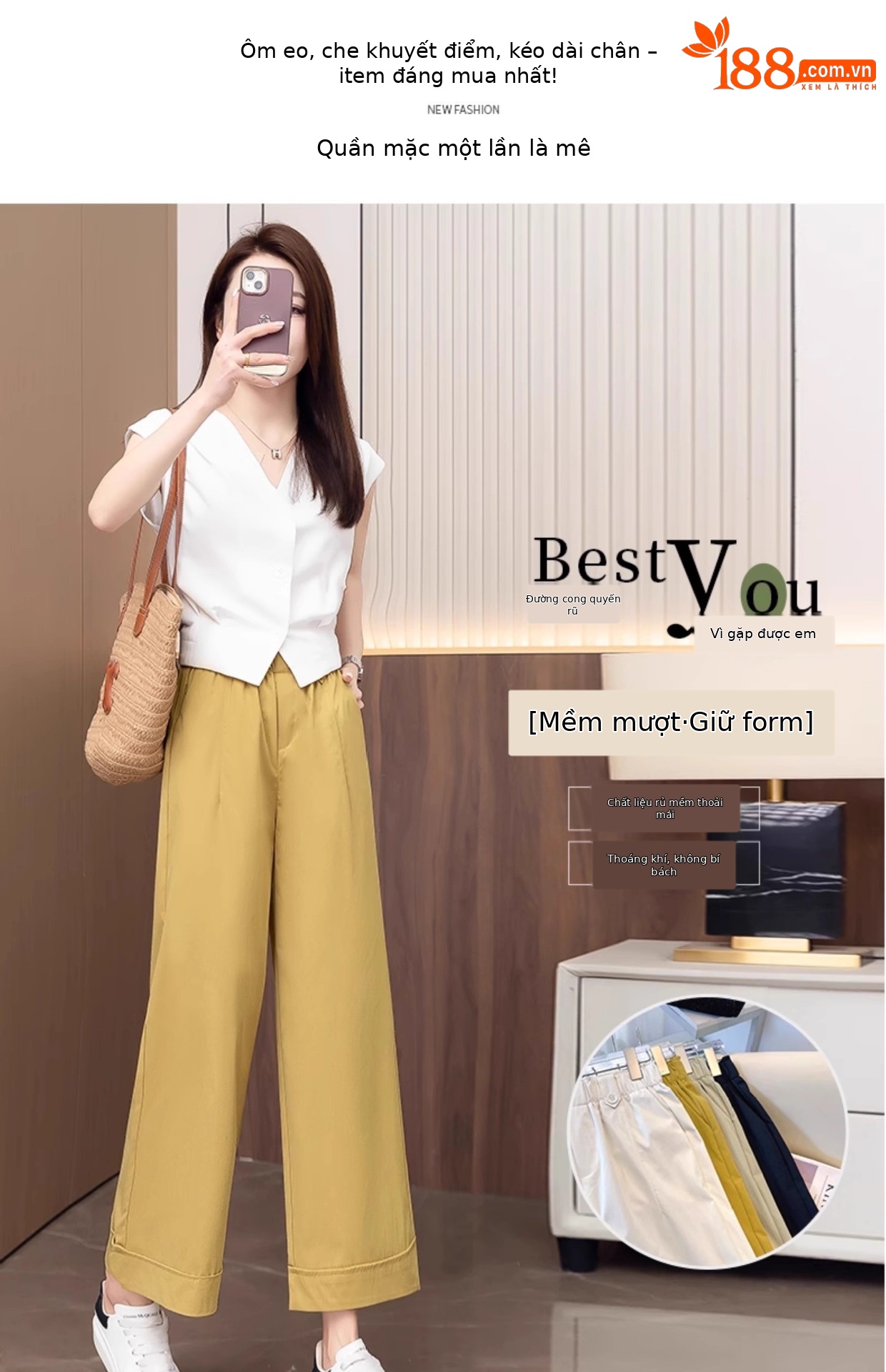 Quần ống rộng nữ cạp cao dáng suông, kiểu hoa bào eo, phong cách thời trang mới — Màu trà sữa chi tiết 5