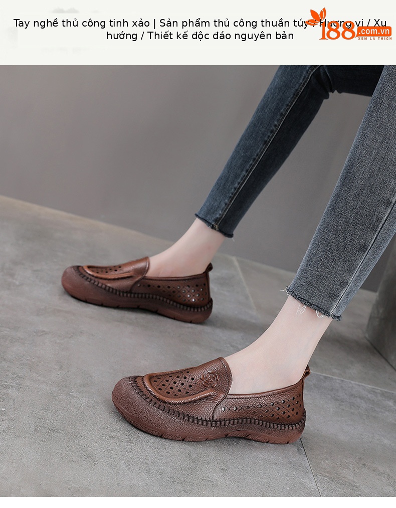 Dép sandal nữ xỏ ngón đế bệt da bò lỗ thoáng khí — Màu nâu chi tiết 1
