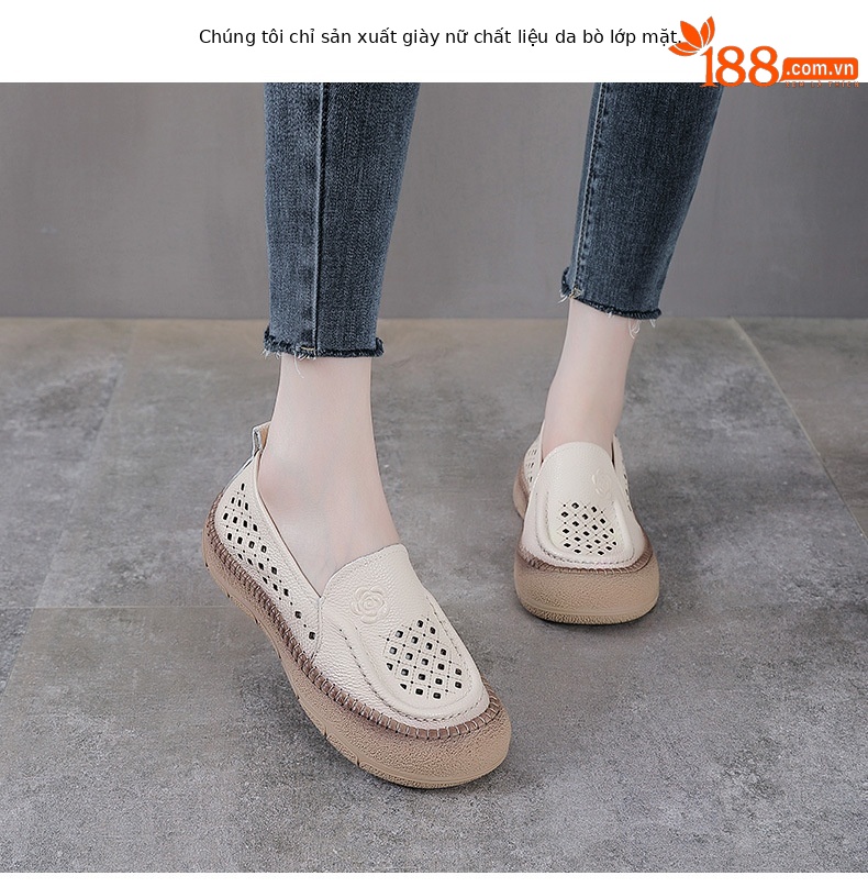 Dép sandal nữ xỏ ngón đế bệt da bò lỗ thoáng khí — Màu nâu chi tiết 2