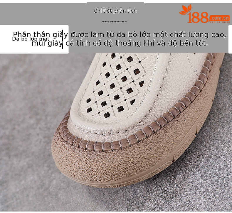 Dép sandal nữ xỏ ngón đế bệt da bò lỗ thoáng khí — Màu nâu chi tiết 4