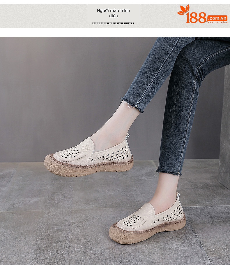 Dép sandal nữ xỏ ngón đế bệt da bò lỗ thoáng khí — Màu nâu chi tiết 9