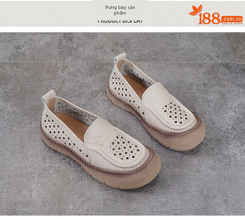 Dép sandal nữ xỏ ngón đế bệt da bò lỗ thoáng khí — Màu nâu chi tiết 10