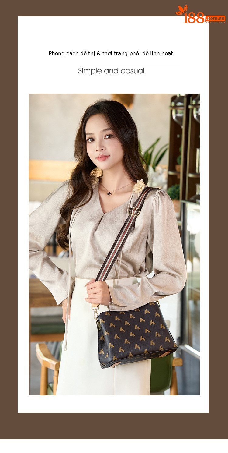 Túi đeo chéo nữ in họa tiết retro phong cách sang trọng — nâu chi tiết 1