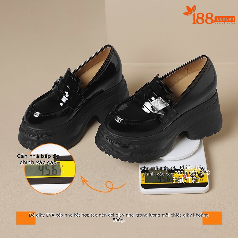 Giày lười nữ tăng chiều cao 12cm đế dày da sáng chế mũi vuông phong cách loafer — đen, Màu trắng nhạt chi tiết 20