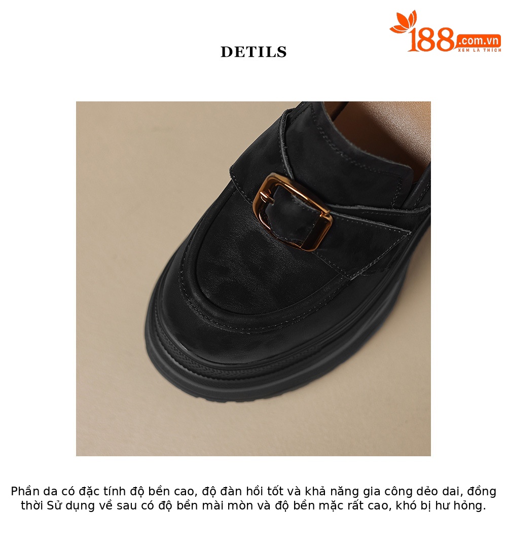 Giày loafer nữ đế xuồng họa tiết báo khóa kim loại tăng chiều cao — đen, nâu đen chi tiết 19