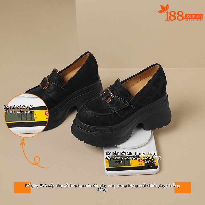Giày loafer nữ đế xuồng họa tiết báo khóa kim loại tăng chiều cao — đen, nâu đen chi tiết 24