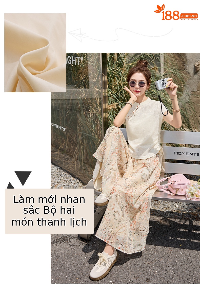 Bộ áo chân váy hai mảnh kiểu Trung Quốc mới hè 2025 phong cách retro — Màu hồng, Màu xanh lá chi tiết 2