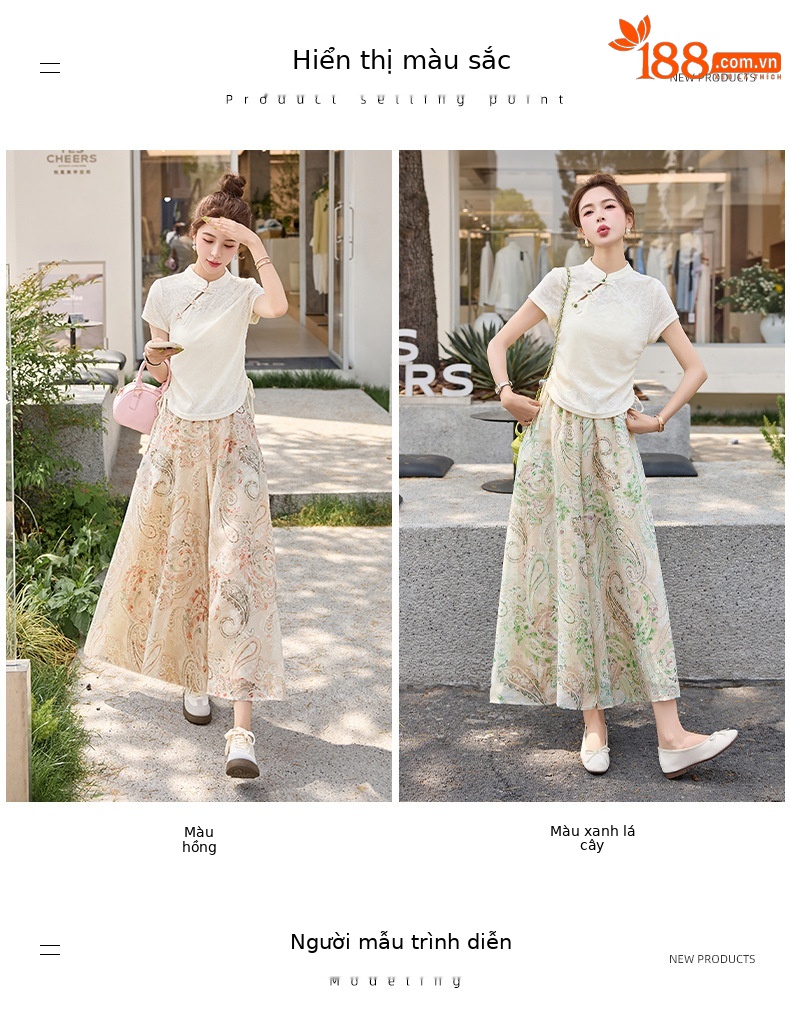 Bộ áo chân váy hai mảnh kiểu Trung Quốc mới hè 2025 phong cách retro — Màu hồng, Màu xanh lá chi tiết 10