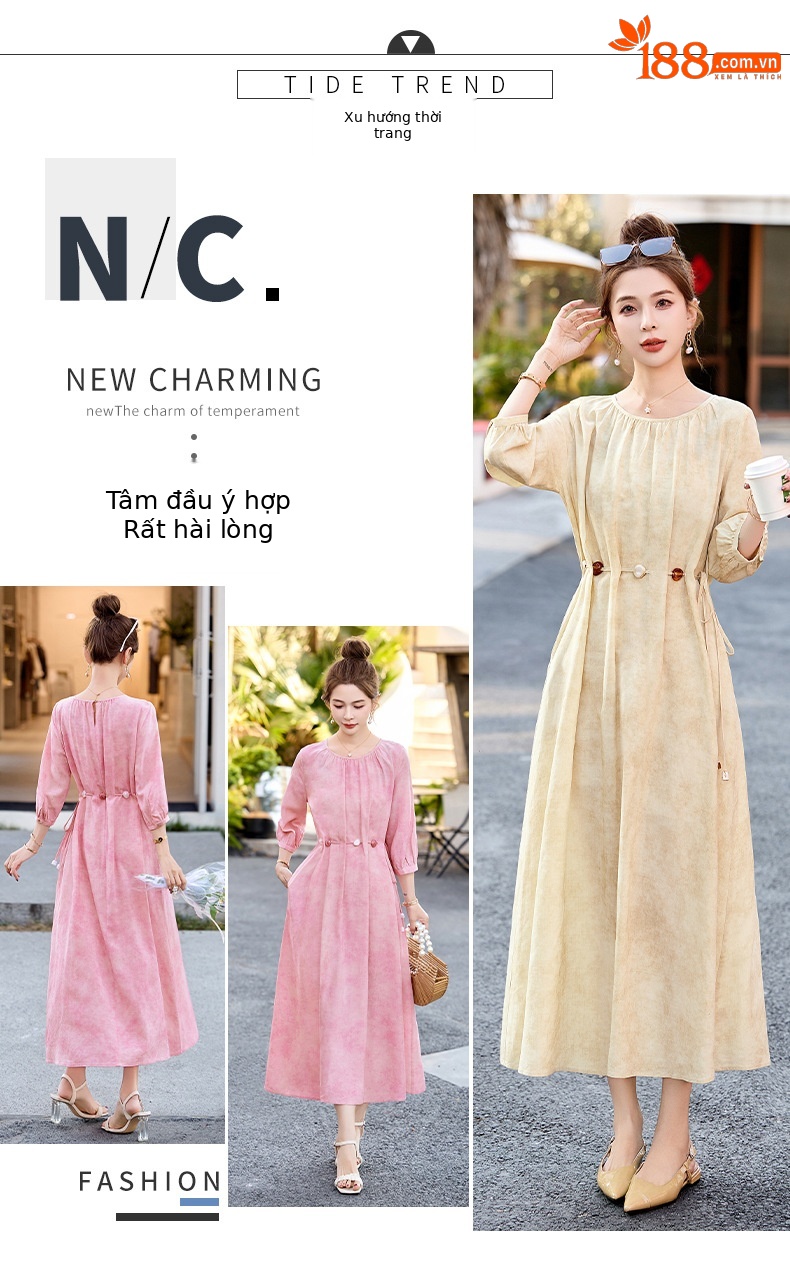 Váy dài maxi thắt eo kiểu Pháp ren cao cấp mùa hè 2025 G2528 — Màu vàng be, Màu hồng chi tiết 2