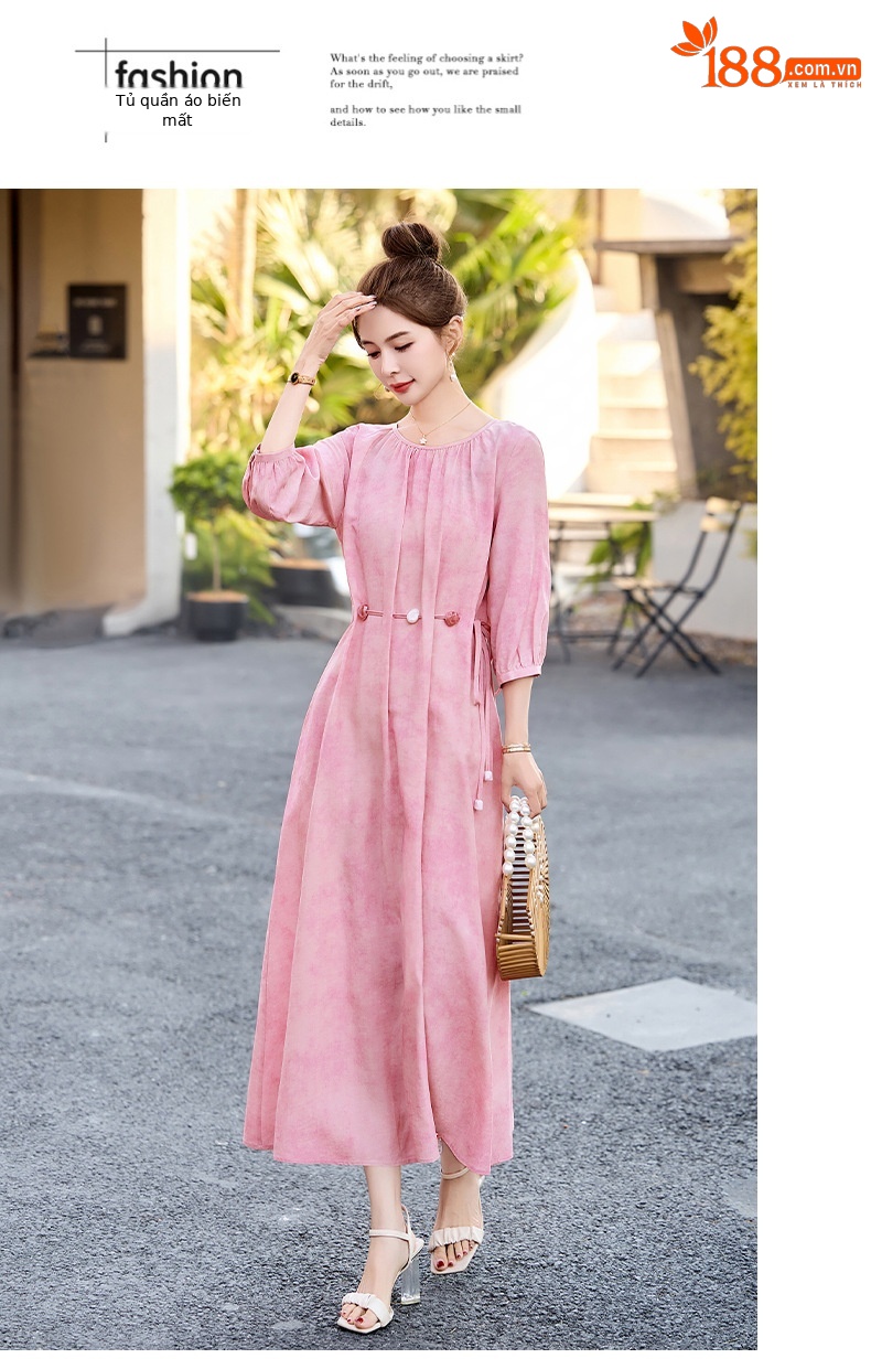 Váy dài maxi thắt eo kiểu Pháp ren cao cấp mùa hè 2025 G2528 — Màu vàng be, Màu hồng chi tiết 15