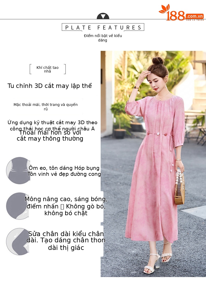 Váy dài maxi thắt eo kiểu Pháp ren cao cấp mùa hè 2025 G2528 — Màu vàng be, Màu hồng chi tiết 3