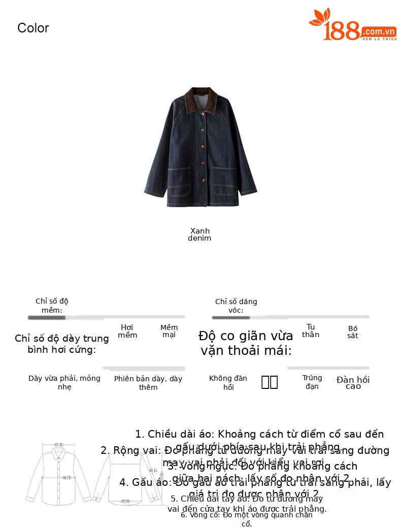 Áo khoác denim cổ điển phối màu tương phản, ve lông cừu, dáng dài trung bình — Xanh denim chi tiết 5